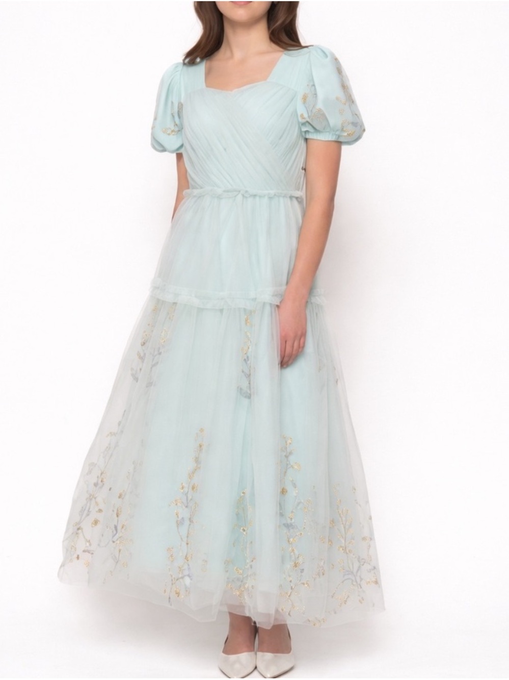 Ivy City Co Regency Pale Blue Tulle Puff Sleeve Maxi Dress with Gold Embroidery